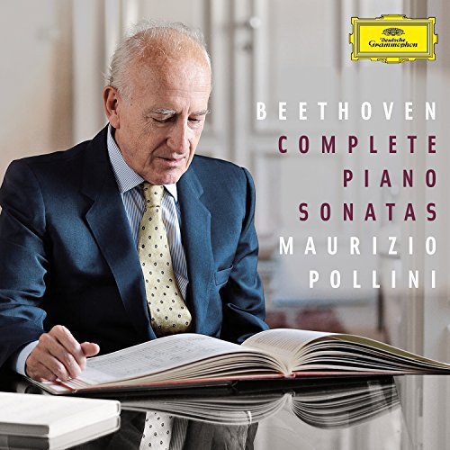 Maurizio Pollini portrait with open sheet music, album cover for Beethoven sonatas.