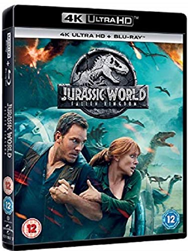 Jurassic World: Fallen Kingdom" DVD cover with dinosaurs and characters.