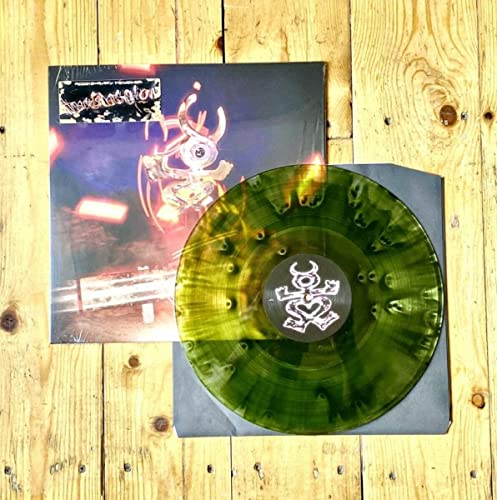 Vinyl record with green swirl pattern and album cover with neon art.