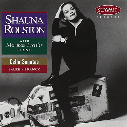 Shauna Rolston poses with a cello case, album cover for Fauré/Franck sonatas.