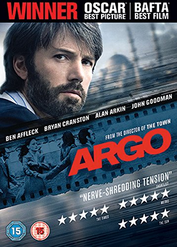 Argo" DVD cover featuring Ben Affleck, with filmstrip and award badges.
