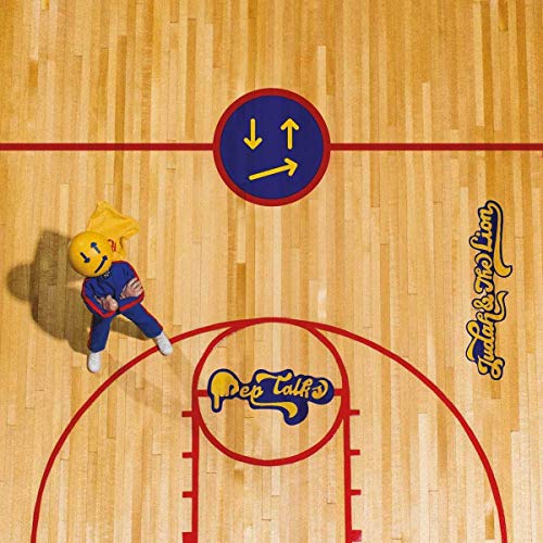 Basketball court with a cartoon figure and directional arrows.