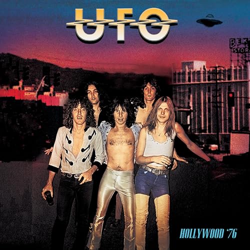 UFO band members and a UFO image on a Hollywood '76 album cover.