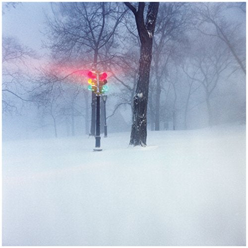 Snowy landscape with a traffic light and bare trees in fog.