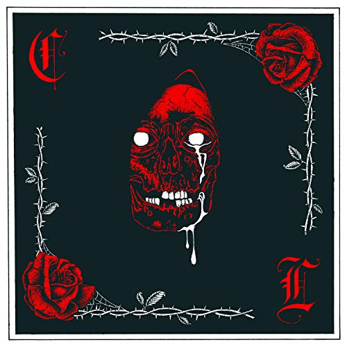 Red skull with dripping eyes framed by roses and thorns.