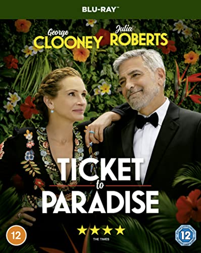 āTicket to Paradiseā Blu-ray cover featuring Julia Roberts and George Clooney.
