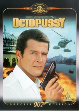 Octopussy DVD cover featuring Roger Moore with a gun and helicopter.