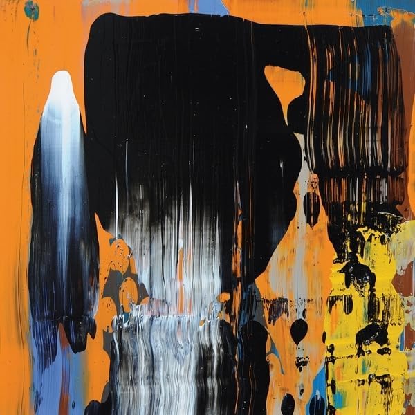 Abstract album cover with bold orange, black, and white brushstrokes.