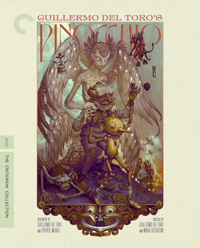 Guillermo Del Toro’s Pinocchio" Blu-ray cover with painted figures and ornate frame.