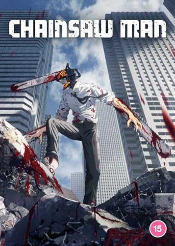 Chainsaw Man character with chainsaw head and arms standing amidst city rubble and blood.