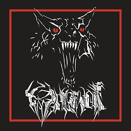 White werewolf face with red eyes, framed by a red square.