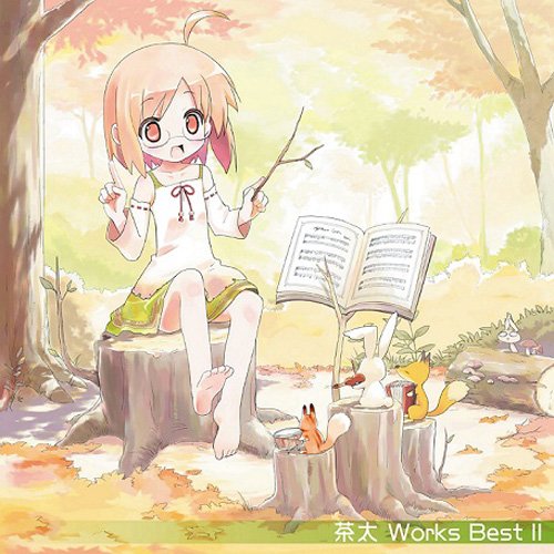 Anime girl with open music book, forest setting, and animal companions.