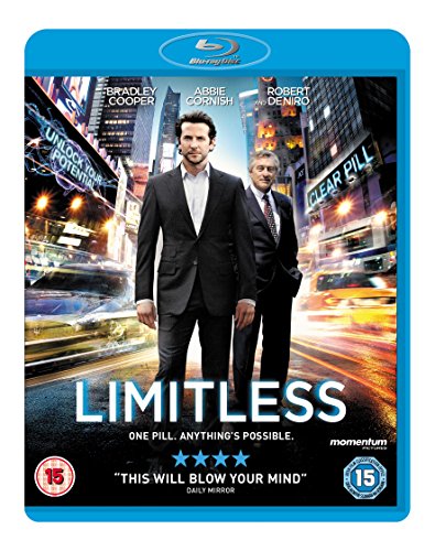 Blu-ray cover for Limitless featuring Bradley Cooper and Robert De Niro in New York.