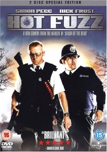 Hot Fuzz" DVD cover featuring Simon Pegg and Nick Frost as police officers.