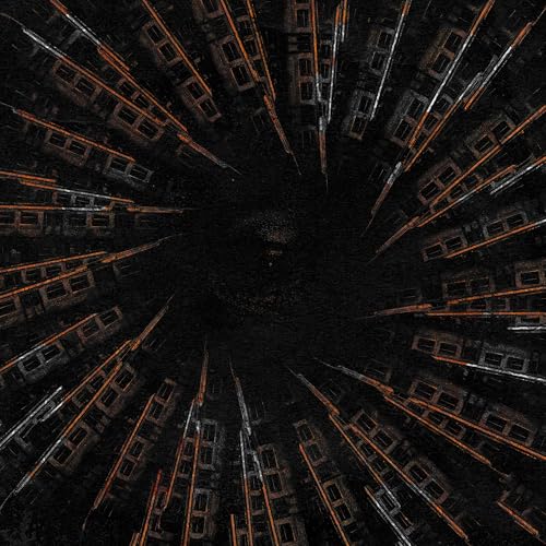 Dark abstract album cover with repeating train images spiraling inward.