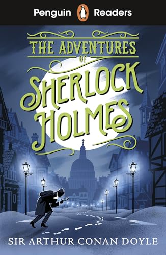 Book cover showing Sherlock Holmes investigating snowy street at night under a full moon.