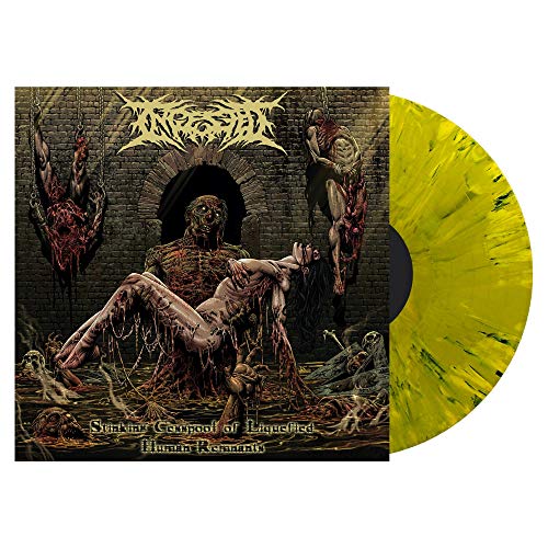 Album cover art featuring macabre figures in a dungeon next to a yellow vinyl.