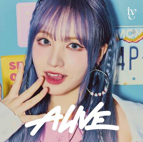 Close-up of Ive member with blue hair, album title "ALIVE" visible.