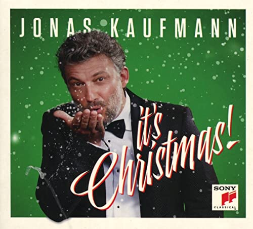 Jonas Kaufmann album cover, green background, festive text, and portrait.