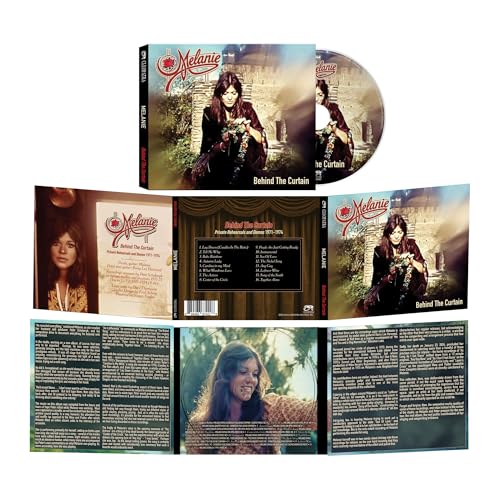 Melanie's "Behind The Curtain" CD packaging with artist portrait and tracklist.