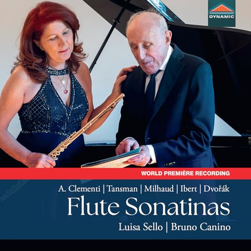 Flutist and pianist posing by a grand piano for a CD cover.