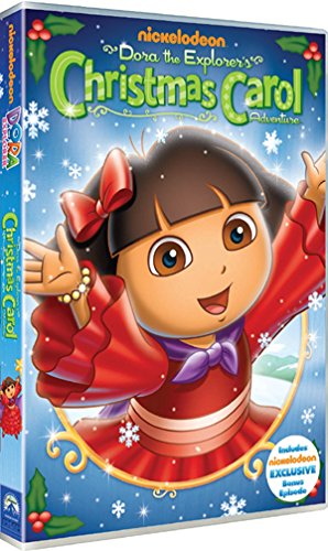 Dora the Explorer on DVD cover in red dress with purple bow and big smile.