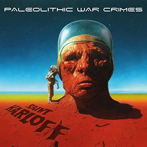 CD cover: large face in helmet, small figure, orange landscape.