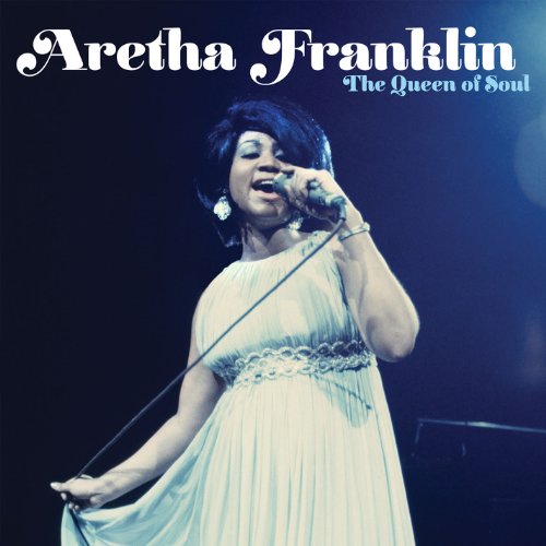 Aretha Franklin singing into a microphone, album cover for "The Queen of Soul".