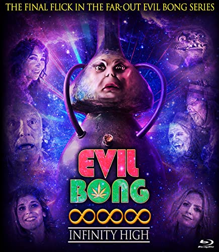 Blu-ray cover for "Evil Bong 888 Infinity High" featuring a grotesque, large-headed character.
