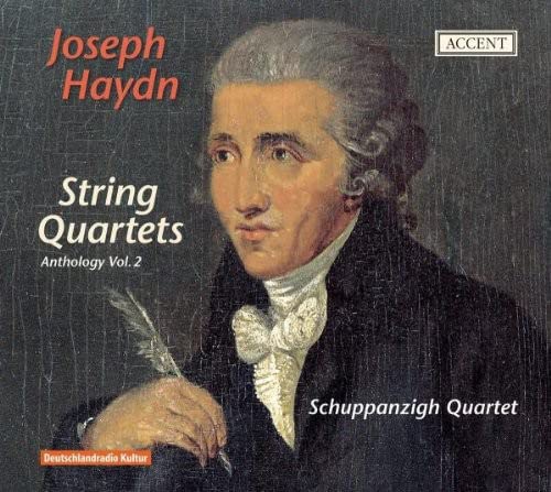 CD cover featuring a portrait of composer Joseph Haydn holding a quill.