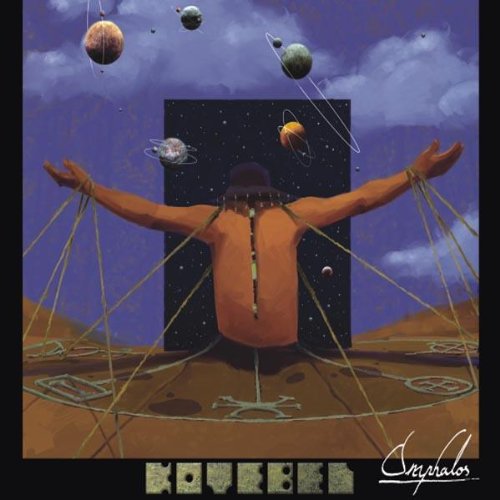 Painted album cover featuring a person with outstretched arms and planets.