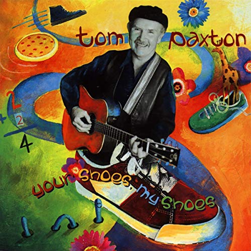 Tom Paxton album cover with a smiling man playing guitar and shoes.