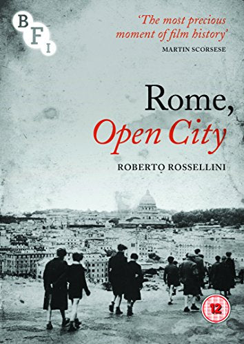 DVD cover for “Rome, Open City” featuring a city skyline and people.
