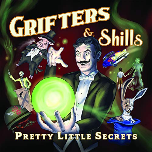 Album cover for "Grifters & Shills" featuring a magician and fantastical figures.