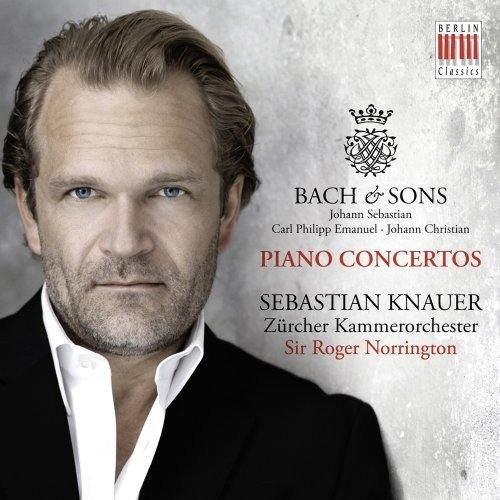 CD cover featuring pianist Sebastian Knauer, text “Bach & Sons”, and logos.