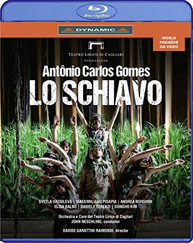 Blu-ray cover for opera “Lo Schiavo” featuring performers amidst reeds.