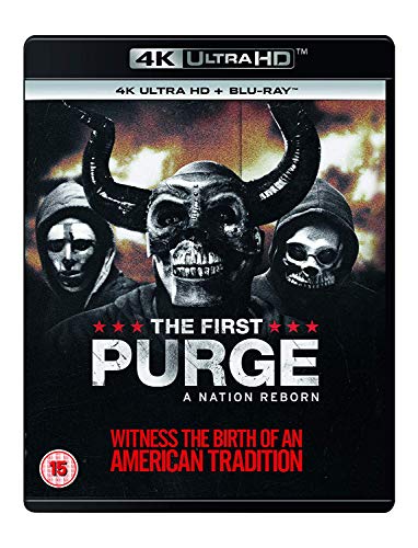 The First Purge" Blu-ray cover featuring three masked figures with horns.