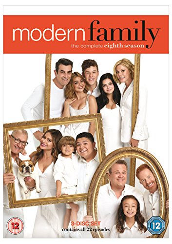 Modern Family" Season 8 DVD cover featuring the cast framed in gold.