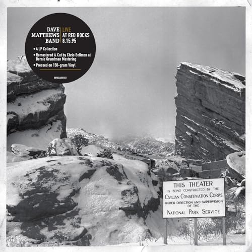 Black and white album cover for Dave Matthews Band live at Red Rocks.