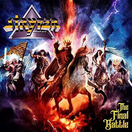 Stryper The Final Battle album cover featuring armored figures on horses amidst fiery battle.