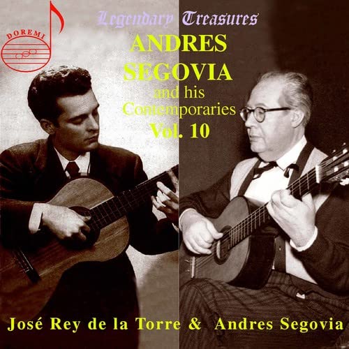 Black and white portraits of two men playing classical guitars.