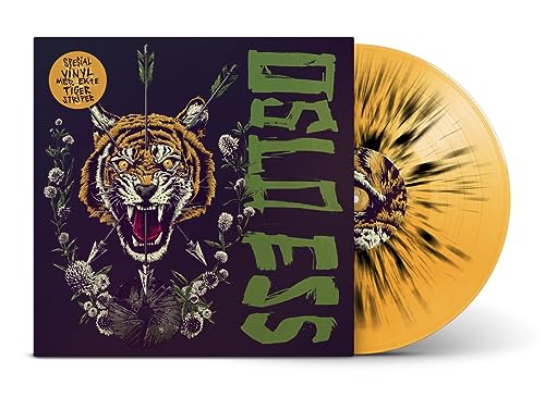 Vinyl record with tiger artwork and yellow-black swirl pattern.