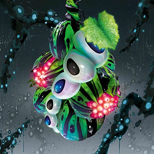 Colorful, abstract sculpture with multiple eyes and glowing lights.