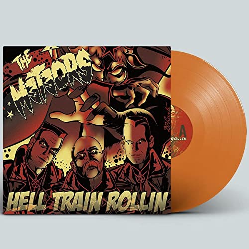Orange vinyl record with cover art featuring illustrated figures and text.