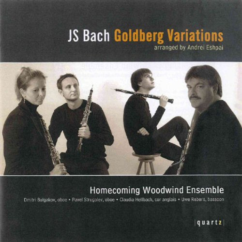 CD cover featuring four musicians with woodwind instruments, "Goldberg Variations.