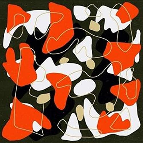 Abstract vinyl record cover with black background, red and white shapes.