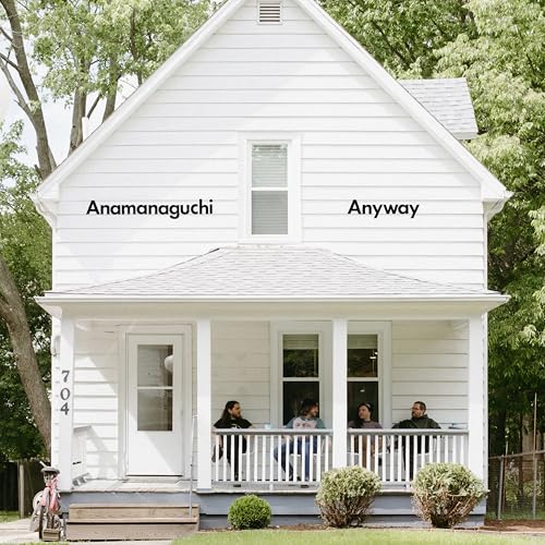 White house with band name and album title text, people on porch.