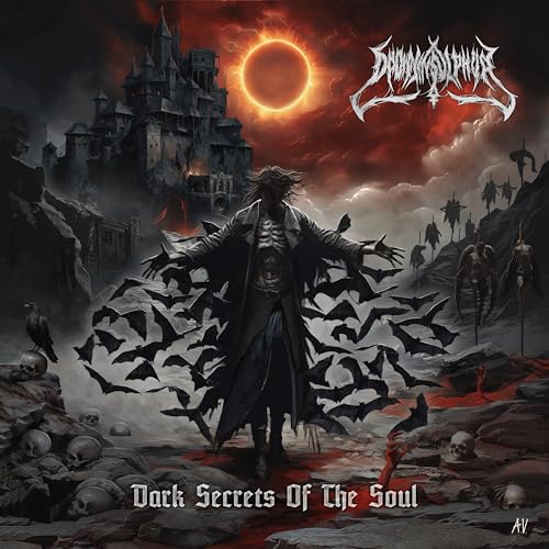 Dark album cover featuring a castle, figure, bats, and skulls.