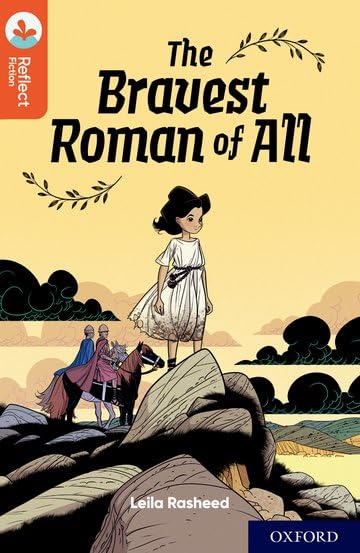 Book cover showing a girl in a white dress standing near Roman horsemen.