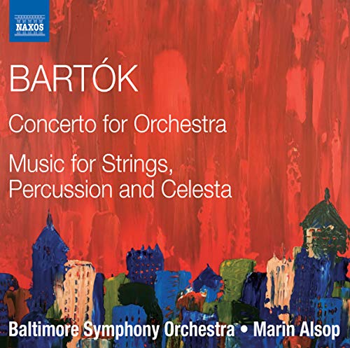 CD cover for Bartók’s orchestral works with red and blue abstract art.